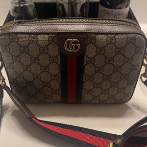 Gucci Brown Logo Crossbody with Red and Green Stripe